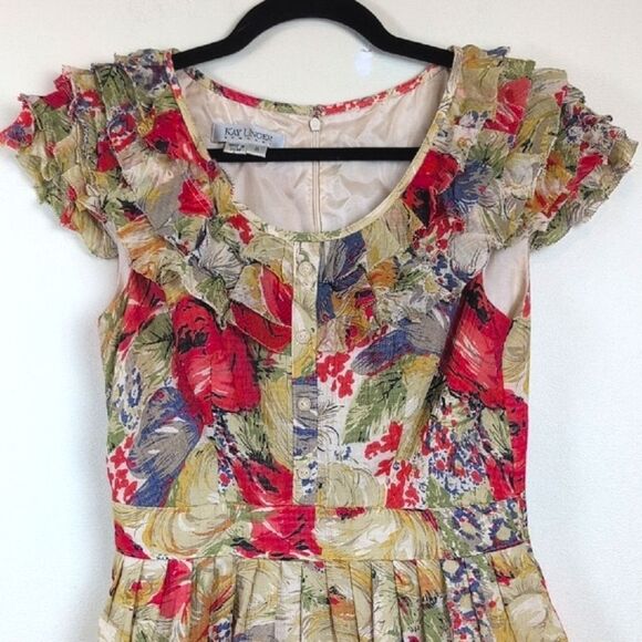 Kay Unger New York Floral Tiered Cap Sleeve Gathered Skirt Dress Retro Feminine - Picture 6 of 13